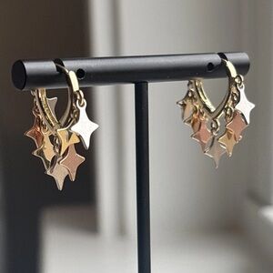 Gold Plated Multi Tone Star Charm Hoop Earrings Dainty Dangle Celestial Boho